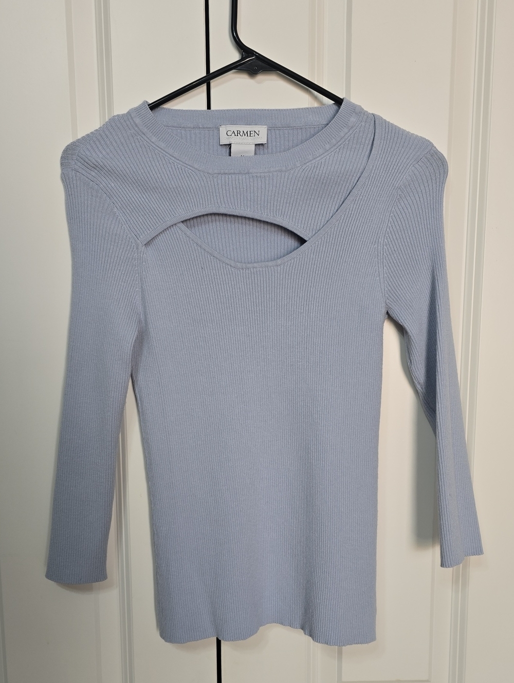 Carmen Marc Valvo Pastel Blue Ribbed Long-Sleeve Dress with Front Cutout